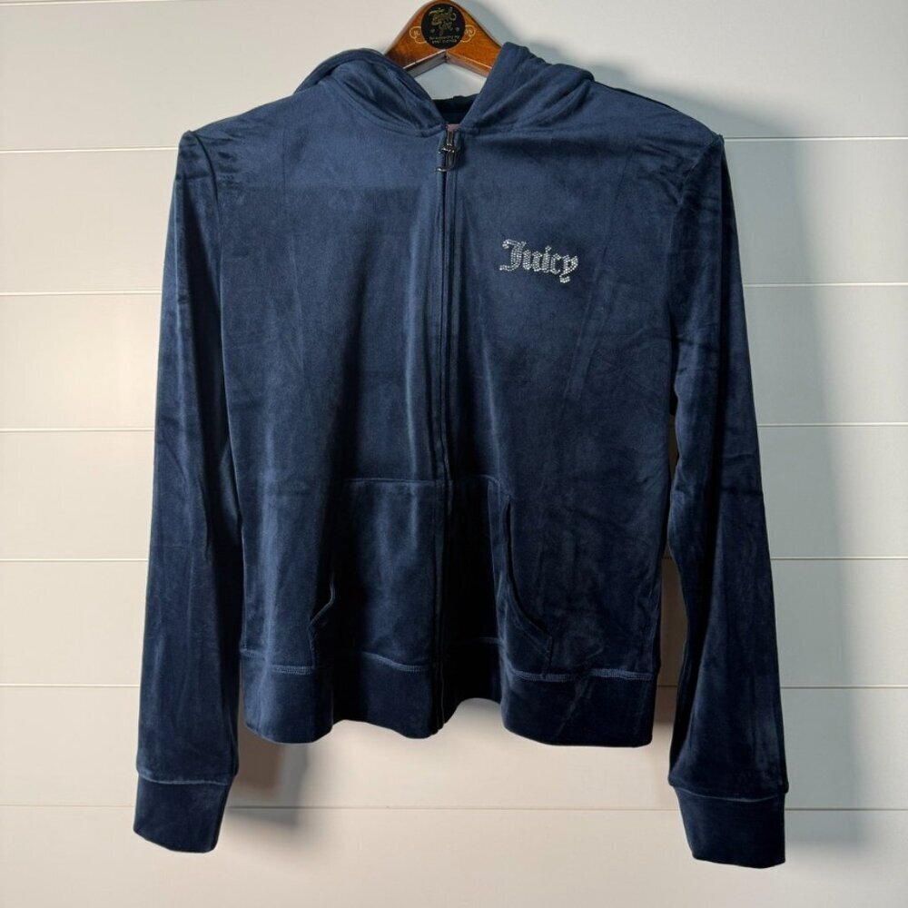 Juicy Couture Navy Velour Zip Up Jacket Hoodie Sz Large